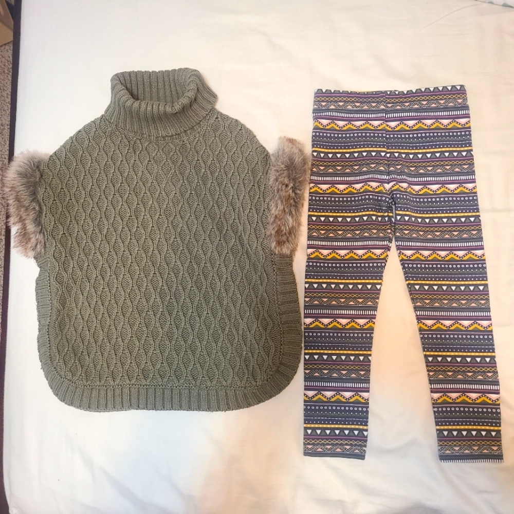 Aspen kids olive poncho/sweater & pants set